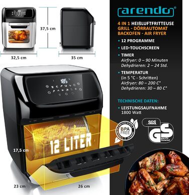 Arendo Heißluftфритюрниця XXL 12 л з LED-екраном, мультифункціональна аерофритюрниця без олії, гриль, дегідратор, духовка, BPA Free