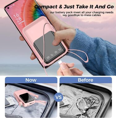 Портативний зарядний пристрій Powerbank 10000mAh з вбудованими кабелями (USB-C) для iPhone, Android, Google Pixel (Dark Pink)