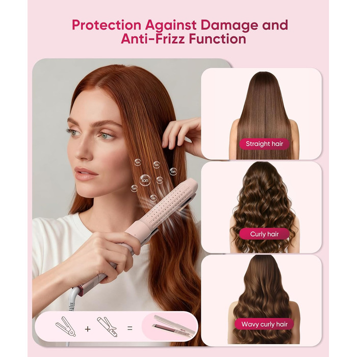 Випрямляч та плойка 2-в-1 з охолодженням Air Glatt, негативне іонізація, 4 температурні режими, рожевий