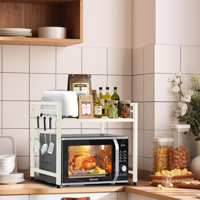 Регульована підставка для мікрохвильової печі, 2-рівнева, розширювана, з вуглецевої сталі, з 8 гачками, для кухні