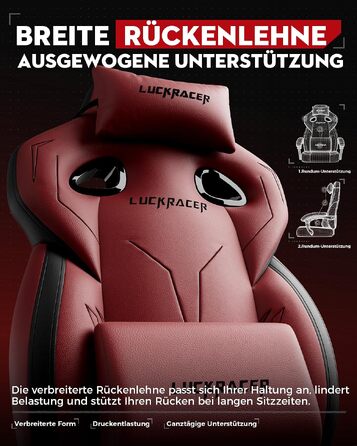 Ігрове крісло LUCKRACER для геймерів та офісу, ергономічний стілець з підставкою для ніг, подушками з ефектом пам'яті, нахилом спинки 90–155° та витримуванням до 150 кг (Червоне, штучна шкіра)