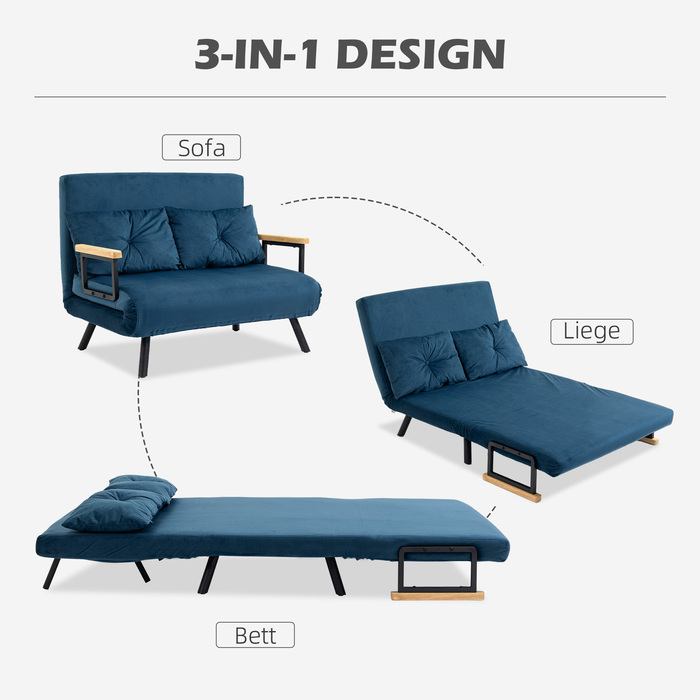 HOMCOM Sleeper Sofa Recliner with Bed Function, Convertible Sofa Bed in Velvet, Adjustable Backrest, Blue 102x73x81cm, ideal for guest rooms