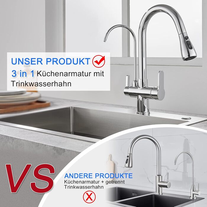 3-х стороньок крановий змішувач для кухні, латунна кухонна арматура для мийки, водопровідний кран для фільтрації води, поворотний на 360° з душем, висувний хромований кран