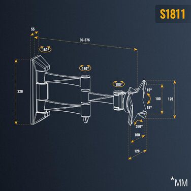 Кріплення для монітора RICOO S1711/S1811: настінна підставка для монітора 13-34 дюймів (з поворотом та нахилом) VESA 75/100 мм