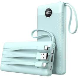 Портативний зарядний акумулятор Power Bank 10000mAh з LED дисплеєм та інтегрованими кабелями. Сумісний з iPhone, iPad, Samsung, Xiaomi, Google Pixel. Колір: блакитний