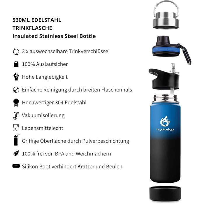Stainless Steel Water Bottle – BPA-free Thermos Bottle for Kids, School, Sports & Outdoors – Keeps Drinks Hot for up to 12H and Cold for up to 24H – Includes 3 Drinking Caps – (Space, 530 ml)