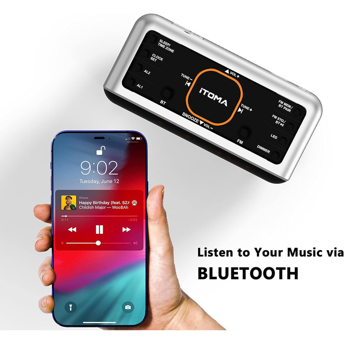 iTOMA Radio Alarm Clock with App Control, Bluetooth, FM Radio, Dual Alarm with 4 Alarm Modes, Easy Snooze, Dimmer, Orange Night Light, 12/24 Hr via USB Charging Port CKS208