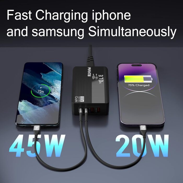 Зарядний пристрій MANTO 100W GaN USB-C з LED-дисплеєм, 4 порти (2x Type-C, 2x Type-A), PD 3.0, QC 3.0, для MacBook, iPhone, iPad, Samsung, ноутбуків