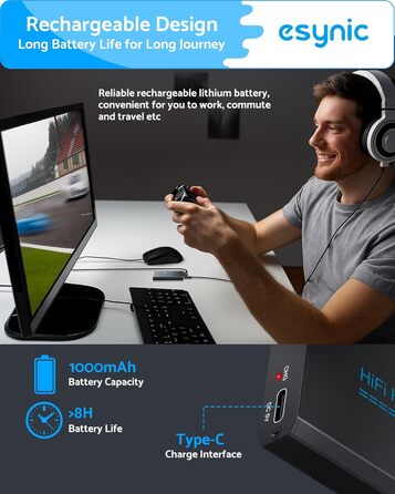 eSynic Професійний підсилювач навушників з підсиленням басів, 16-300 Ом, портативний, 3.5mm, для MP3, MP4, телефонів, комп'ютерів