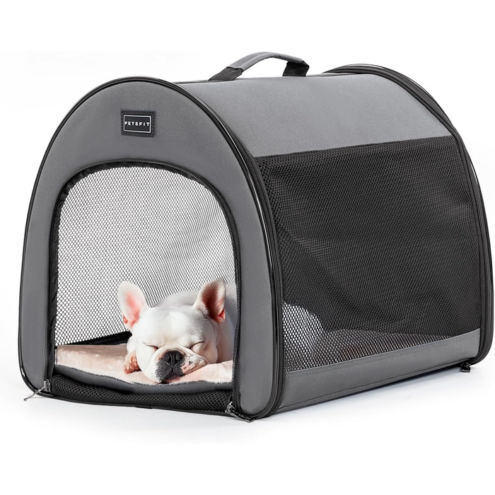 Складана переноска для собак та котів Petsfit сірого кольору S, з м'яким килимком та анти-відкривальною блискавкою