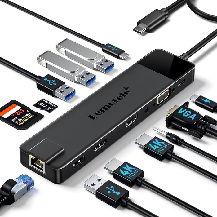 Док-станція USB-C хаб 13-в-1 з підтримкою 2 моніторів 4K HDMI, VGA, Ethernet, USB 3.0/2.0, PD 100W, SD/TF, AUX для Windows/Mac/Dell/HP