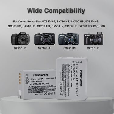 Акумулятор Hisewen NB-10L 1500mAh та зарядний пристрій для Canon PowerShot G1 X, G3 X, G15, G16, SX40 HS, SX50 HS, SX60 HS