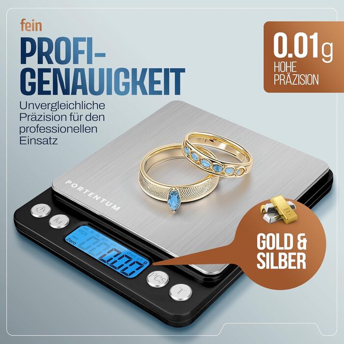 Кухонні ваги PORTENTUM 5 кг з LCD-дисплеєм, нержавіюча сталь, вимірювання рідини, точність 1 г, функція тарування, сріблясті (0,01 - 500 г)