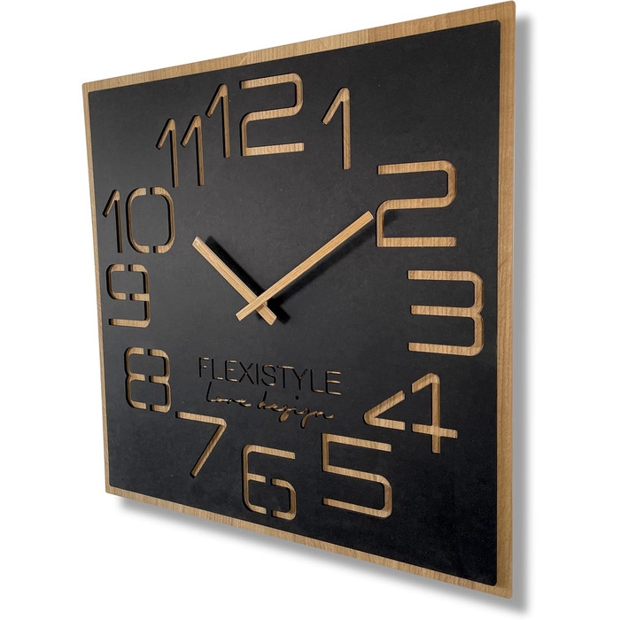 FLEXISTYLE Wall Clock Large Wood-Look Wood Digits ECO, Square Silent, Living Room, Bedroom, Made in EU (Black, 60 cm)
