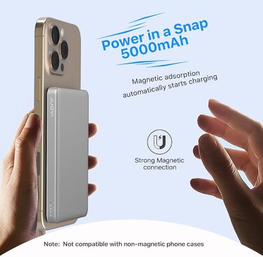 Power Bank JUOVI Магнітний Бездротовий 5000mAh 20W PD, Білий. Сумісний з MagSafe, iPhone 16/15, iWatch, AirPods.