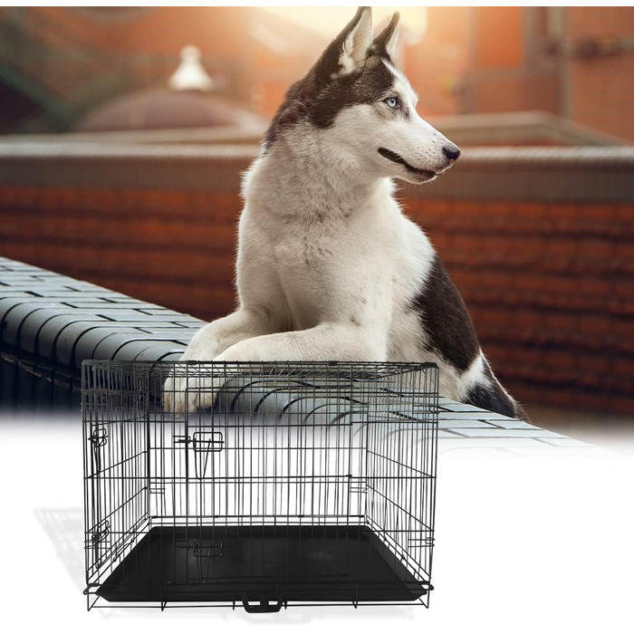 Клітка для собак 91 x 56 x 62 см, складана, з 2 дверцятами, переносна клітка для собак, автоклітка, з піддоном, дротяна клітка для собак