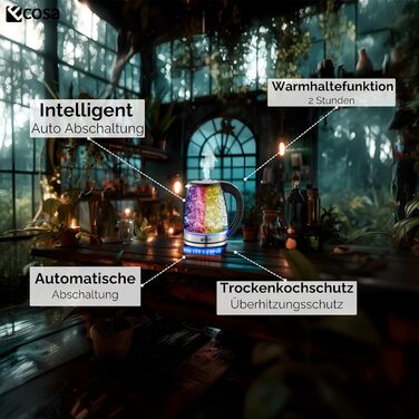 Електричний чайник Ecosa® зі скляною колбою та нержавіючою сталлю, 1,8 л, 2200 Вт, регулювання температури 40°C-100°C, з підігрівом, LED-підсвічуванням, BPA Free