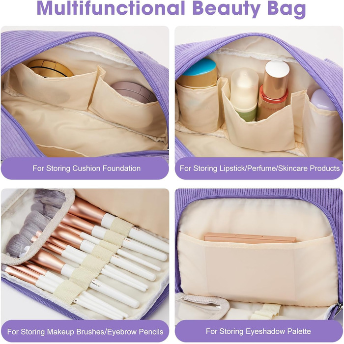 Косметичка велика для жінок Kalidi з багатьма відділеннями та відділенням для пензликів. Косметичний органайзер, сумочка для макіяжу, валізка, фіолетовий колір.