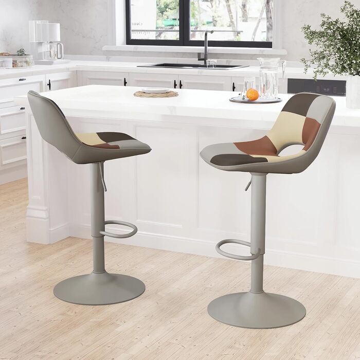 YOUNIKE 2-Piece Adjustable Bar Stools - Boho Patchwork Design - Swivel Kitchen Bar Chairs with Hollow Backrest - Yellow Green (Gray Beige)