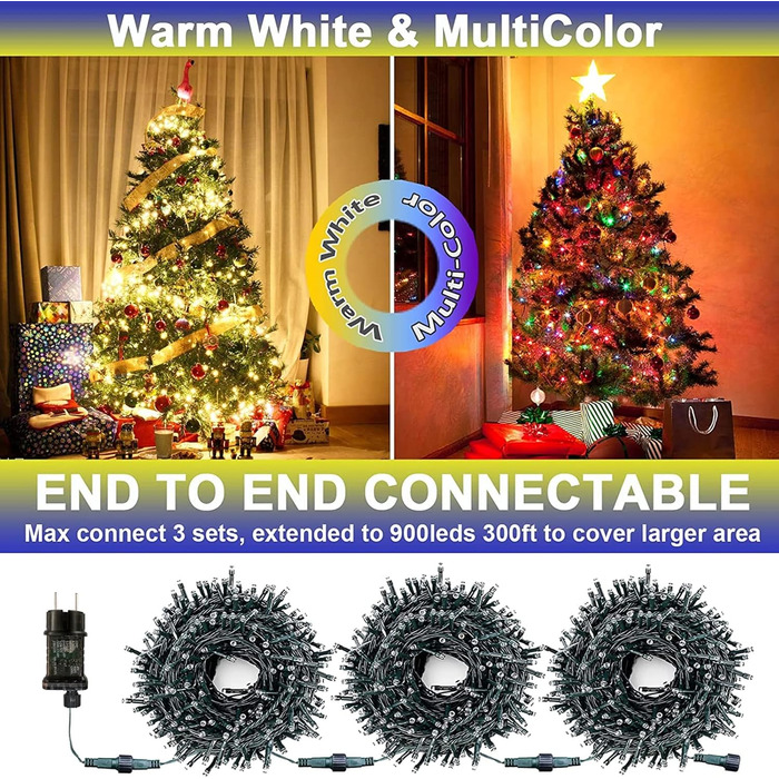 Гірлянда світлодіодна зовнішня 10м, 100 LED, тепле біле та кольорове світло, з пультом, таймером, 11 режимів, для декору балкона, саду, вечірки, весілля, ялинки