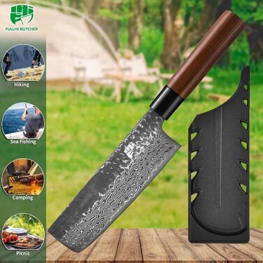 Японський ніж Gyutou з дамаської сталі Fullhi (17,5 см) з піхвою, для кухні, приготування їжі, кемпінгу, BBQ
