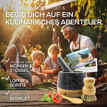 Гранітний млинок для спецій з товкачем, щіткою, рецептами та дерев'яною підставкою - 350 мл