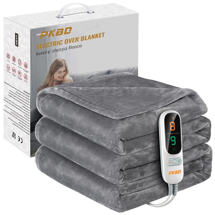 Електрична ковдра з підігрівом 190x130 см, фланель, з автовимкненням, 9 рівнів нагріву, захист від перегріву, пральна, сіра