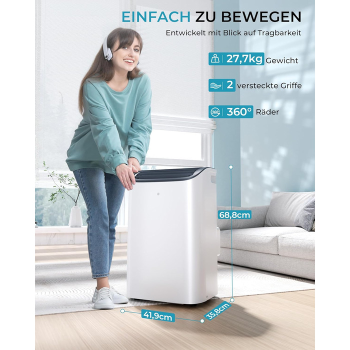 Мобільний кондиціонер 9000 BTU з вихідним шлангом | 4-в-1 | Тиха робота <48 dB | Digital display + пульт | Комплект для встановлення у вікно | Таймер 24h | Для приміщень до 25 м² (12000 BTU)