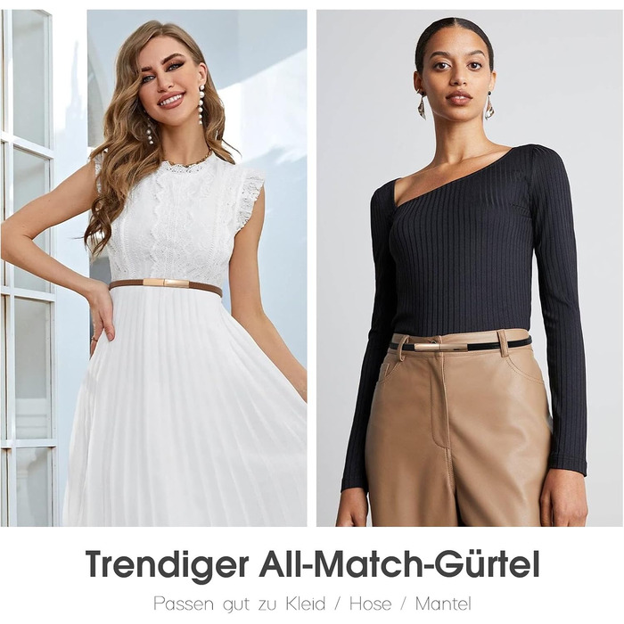 Жіночі тонкі ремені WHIPPY, 2 шт. - регульовані шкіряні пояси з золотистою блискавкою для суконь, 105 см (для талії до 95 см), чорний/коричневий