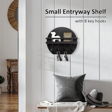 Настінна вішалка для ключів Nekon з полицею та 8 гачками, 24.8 см, чорний колір