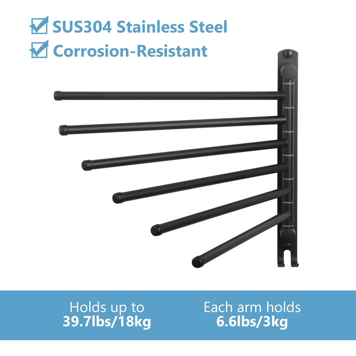 Тримач для рушників JSVER з нержавіючої сталі, 6-ти секційний, поворотний, чорний, 34 см