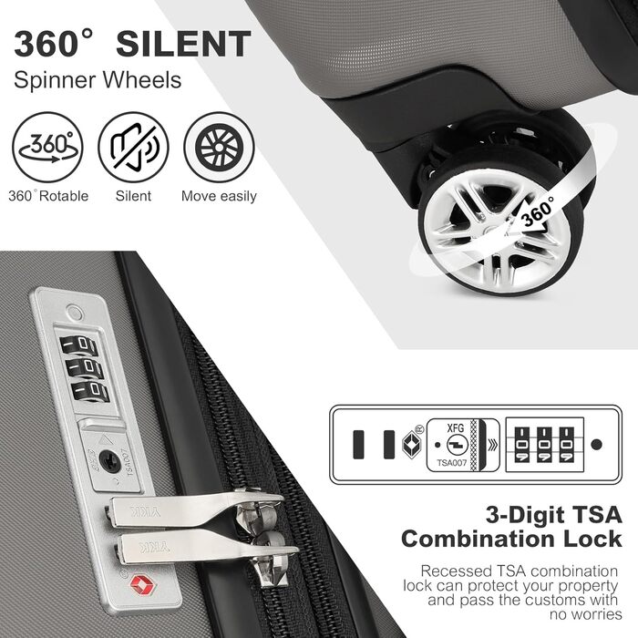 Чемодан-тележка KONO з розширенням, жорсткий корпус, XL, з TSA-замком та 4 колесами, 75x47.5x29.5 см, сірий
