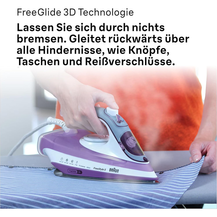 Праска з живленням від пари Braun FreeStyle 5 SI 5037 VI - потужний відпарювач з підошвою Freeglide 3D, вертикальним відпарюванням, 2700 Вт, 200 г/хв, резервуар 330 мл, фіолетовий