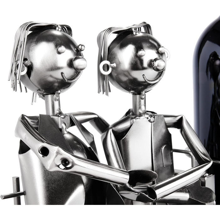 BRUBAKER Bottle Holder Men Loving Couple on Bench - Wine Bottle Holder Man + Man Silver - Bottle Stand Metal Figure Love - Metal Sculpture Gift for Married Couples with Gift Card