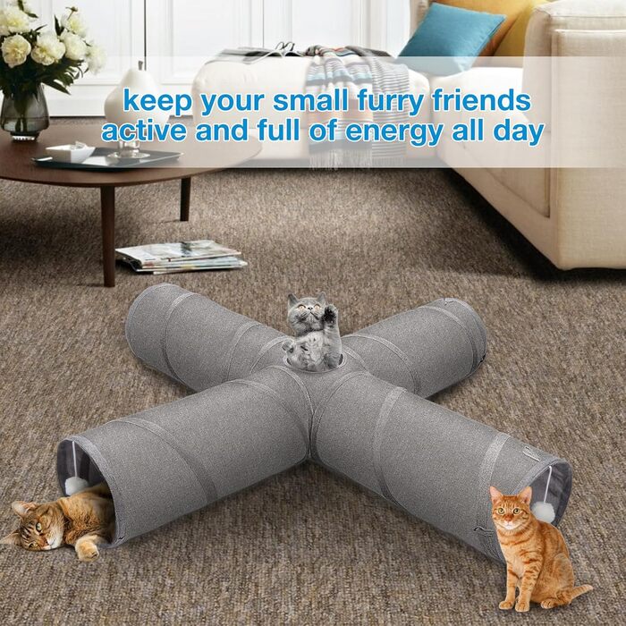 Cat Tunnel Toy, 4-Way Collapsible Cat Tunnel for Indoor Cats, Interactive Peek Hole, Pet Tunnel with Cat Wand Toy
