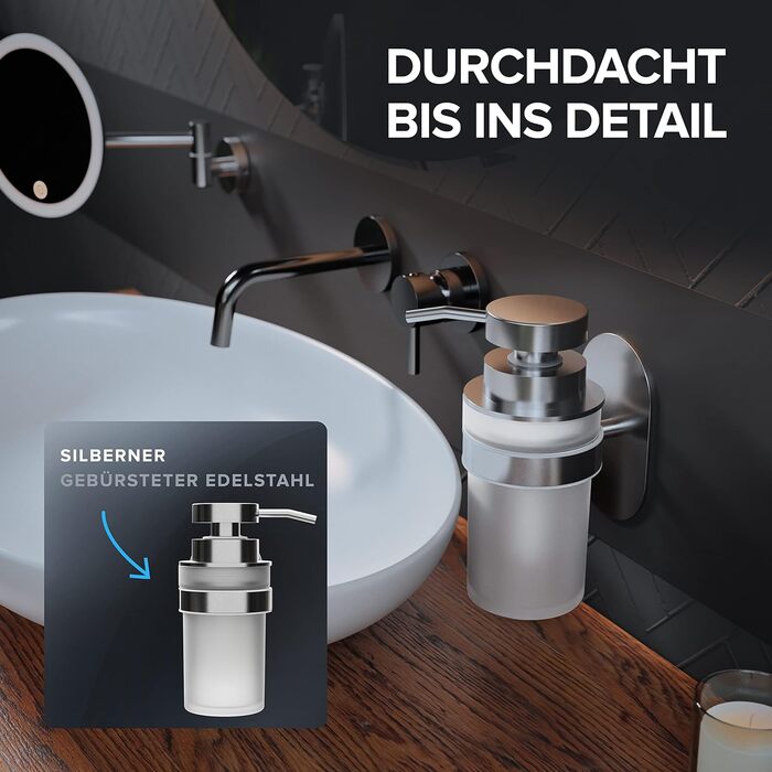 ovimar Soap Dispenser Kegnaes | Silver | Wall Mounting without Drilling | Made of Stainless Steel and White Glass | Extra Large Opening, Easy to Refill | For Bathroom or Kitchen | Hand Sanitizer Dispenser