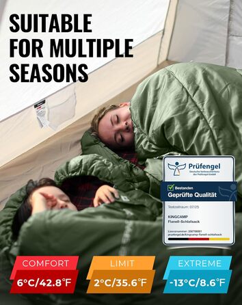 Сплячий мішок KingCamp XXL з бавовни фланель для дорослих, великий розмір, теплий, зимовий, для кемпінгу, подорожей та активностей на природі, 4-сезонний, 220x100 см, класичний оливковий колір