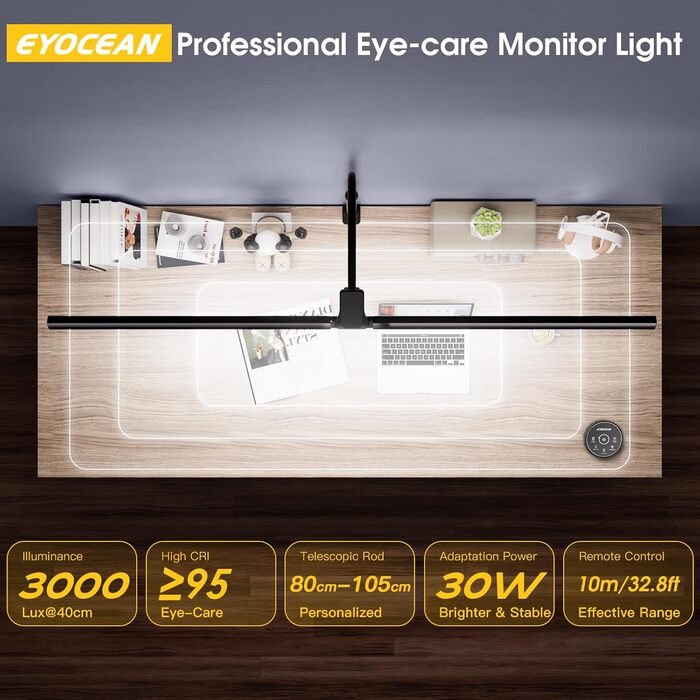 LED лампа настільна EYOCEAN 24W, 80 см, з керуванням жестами, димер, захист очей, для офісу, читання, архітекторів, дизайнерів (чорний)