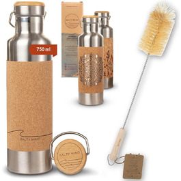 Stainless Steel Water Bottle 750ml - Sustainable, insulated thermal water bottle made of stainless steel, leak-proof - Iso bottle free from harmful substances, BPA-free - Thermos drinking bottle (floral print) (wave (engraving) + bottle brush)