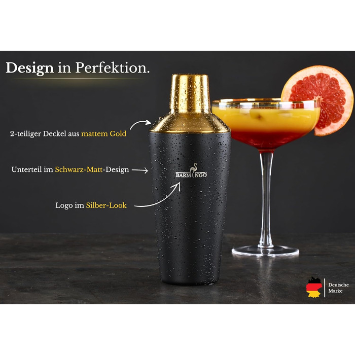 Barmingo Stainless Steel Cocktail Set - 11 Piece Bar Set with Shaker, Stand & Accessories | Cocktail Shaker Set | Bartender Set | Black & Gold