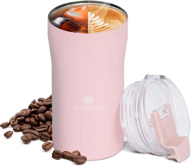 Термокружка SANTECO з нержавіючої сталі 18/8, 350 мл, з подвійними стінками, ізольована, 6 годин зберігає тепло, без BPA, виточна, з прозорою кришкою, темно-зелений/рожевий