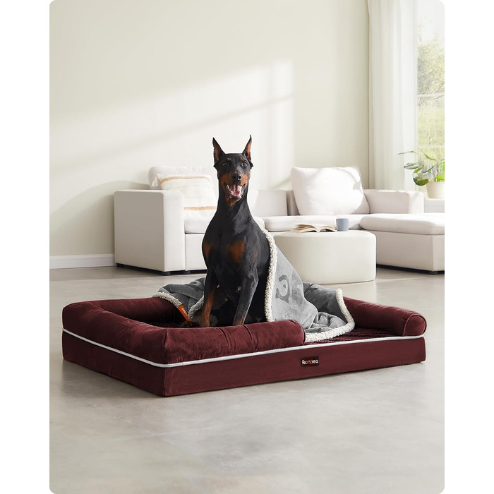 Feandrea Orthopedic Dog Bed, Dog Cushion, Dog Basket, Soft Padding, Dog Sofa, Raised Edges, Removable and Washable Cover, 91 x 71 x 20 cm, Non-Slip Bottom, PGW076G01 (L 120 x W 85 x H 20 cm, Berry Red)