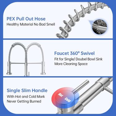 Кухонний змішувач Appaso з висувною лійкою, високотискний, 2 режими, 360° обертання, нержавіюча сталь, без свинцю та нікелю