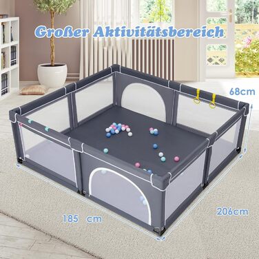 Манеж для дітей DREAMADE 206x185 см з 50 кульками та 4 ручками, захисна огорожа з 2 дверима, матрац з малюнком сіка-оленя, темно-сірий, для дому та вулиці