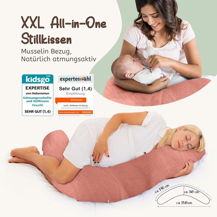 Подушка для вагітних Joyfill Stillkissen - XXL, тестування акушерками, подушка для сну на боці, подушка для годування, м'яка муслінова наповнювач (Лосось, 190 см)