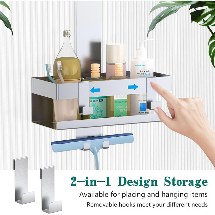 Emibele Shower Shelf for Hanging, Stainless Steel Shower Shelf No Drilling, Bathroom Shelf No Drilling with Hooks, Shampoo Lotion Holder, Shower Basket Towel Holder Wall Shelf for Glass Door Bathroom, Silver