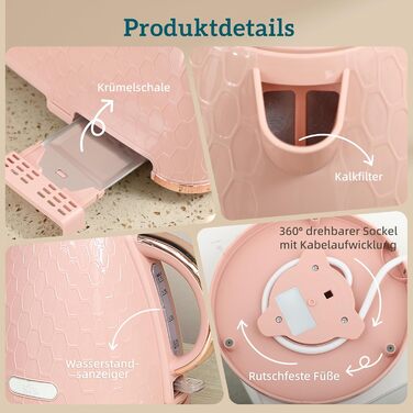 Набір чайник та тостер HOMCOM, 1.7л, 2200W, рожевий