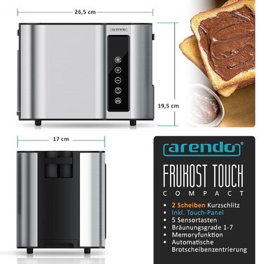 Arendo - 2-Slice Stainless Steel Toaster - Touch Panel - Digital Display with Remaining Time - 800 W – Double-Walled Housing – with Bagel Attachment – 7 Browning Levels – Bread Slice Centering - Silver B: Silver