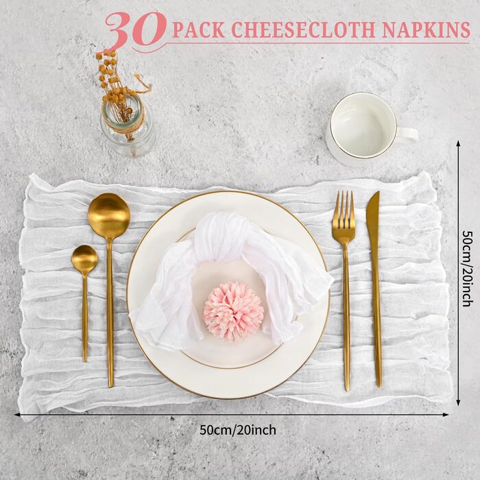 30 Cheesecloth Gauze Napkins, 50 cm, Vintage Boho Fabric Napkins, Bulk Pack for Parties, Weddings, Receptions, Bridal Showers, Table Decorations – White