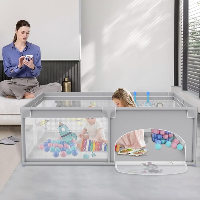 Дитячий манеж UISEBRT 180x200 см з 50 океанічними кульками, 4 ручками, переноскою, складаний, дихаюча сітка, синій з тваринами